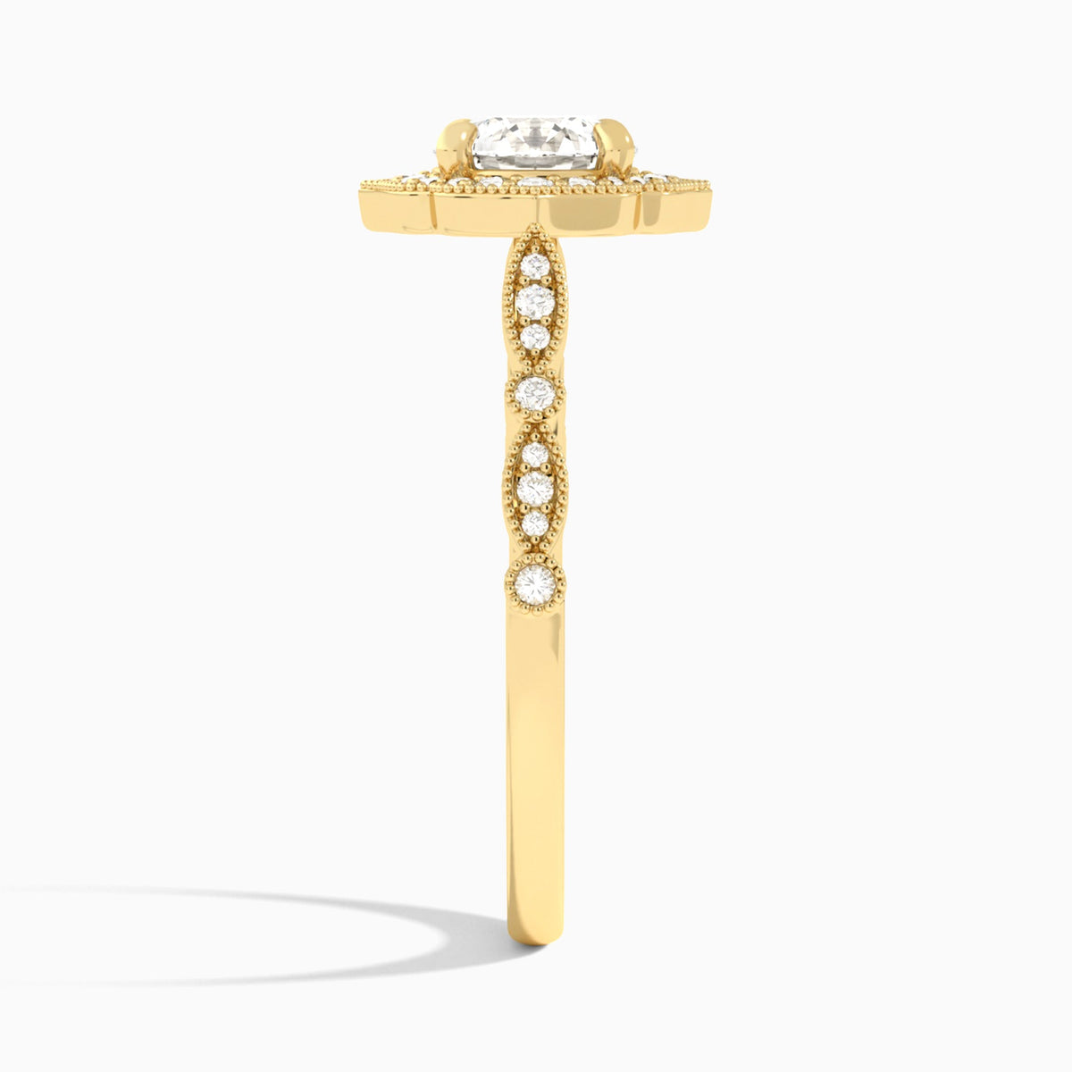 Round Anastasia Vintage Halo Lab Diamond Engagement Ring In 14K Yellow Gold, Side View