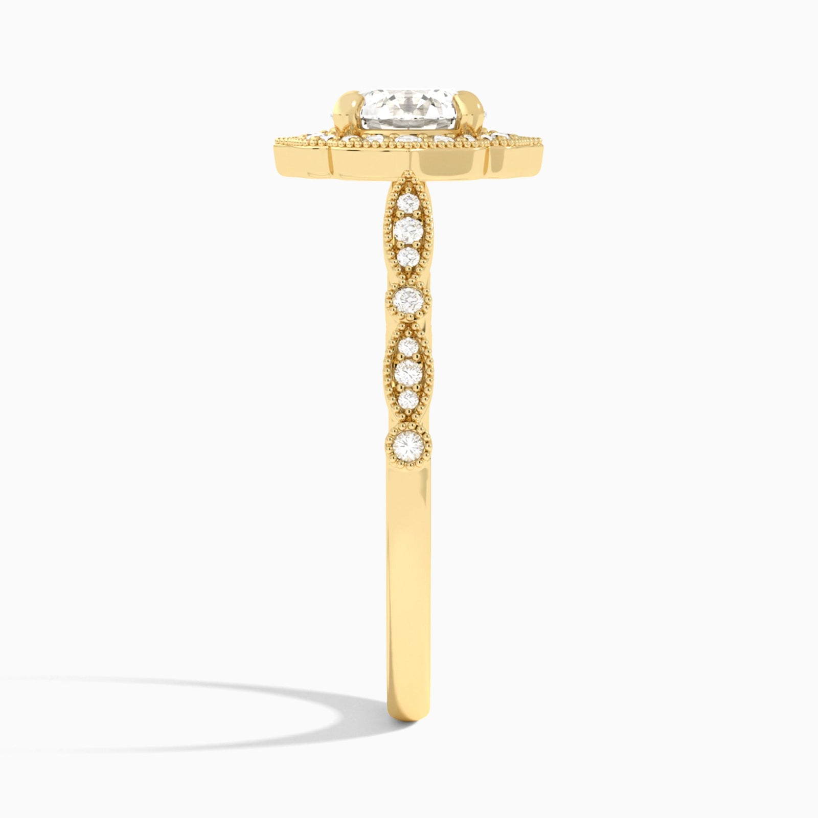 Round Anastasia Vintage Halo Lab Diamond Engagement Ring In 18K Yellow Gold, Side View