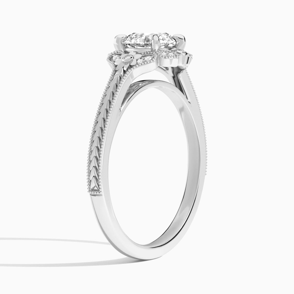 Round Arabella Halo Lab Grown Diamond Engagement Ring In Platinum, Angle View