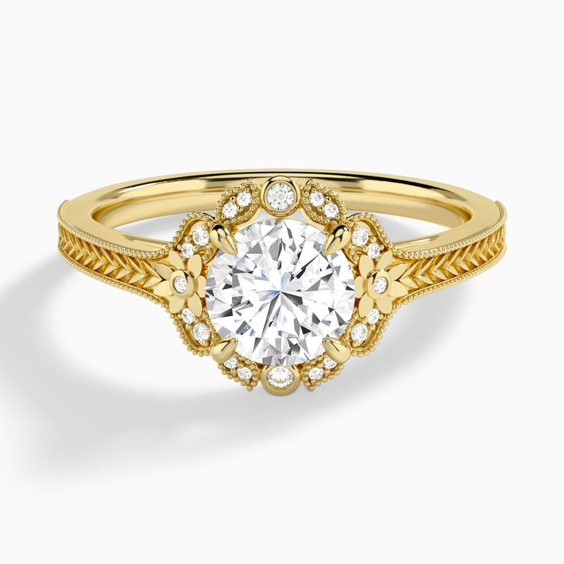 Round Arabella Halo Lab Diamond Engagement Ring In 14K Yellow Gold - Lucenjuri