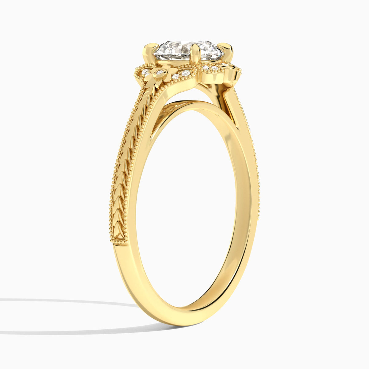 Round Arabella Halo Lab Diamond Engagement Ring In 18K Yellow Gold, Angle View