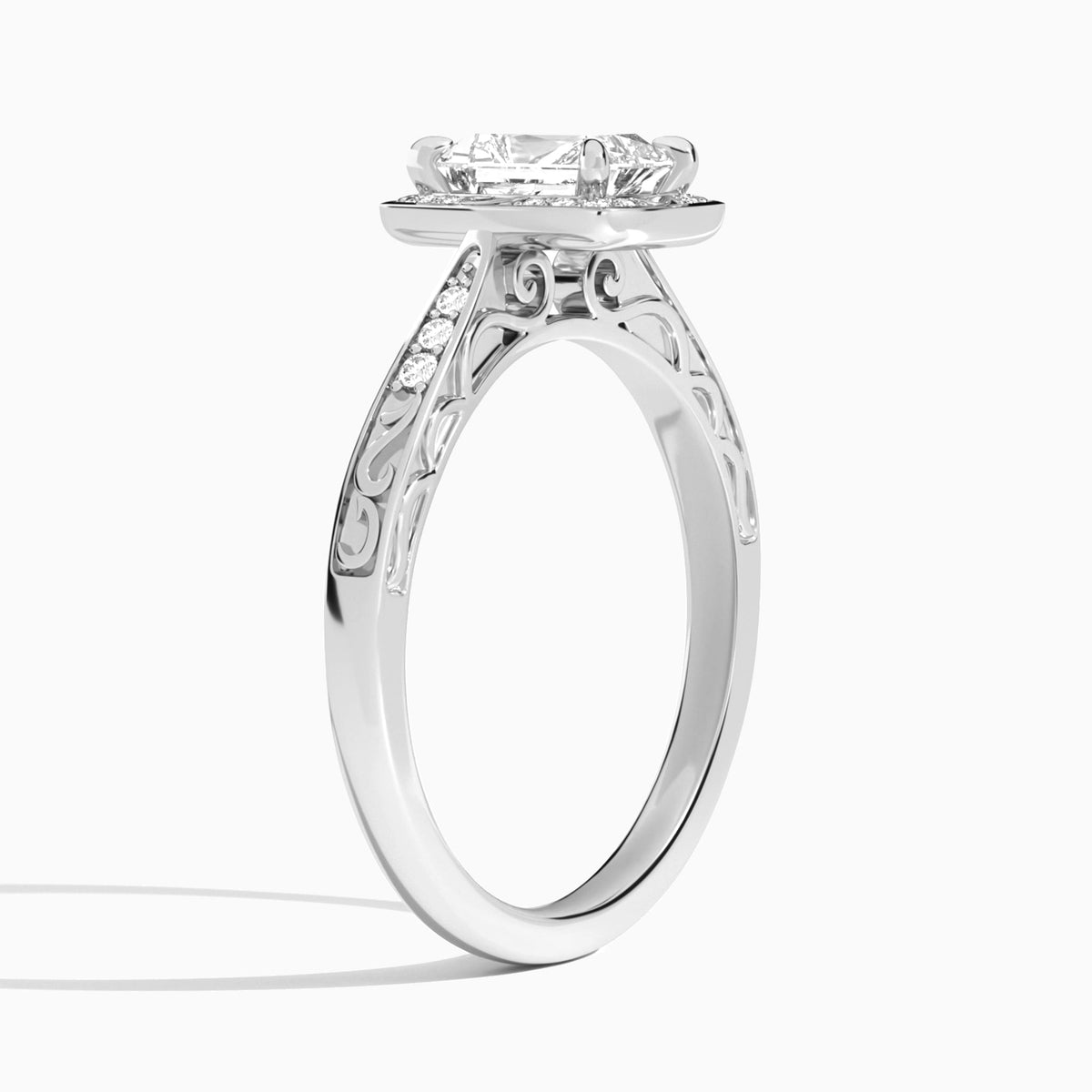 Radiant Lavinia Vintage Halo Lab Diamond Engagement Ring In Platinum, Angle View