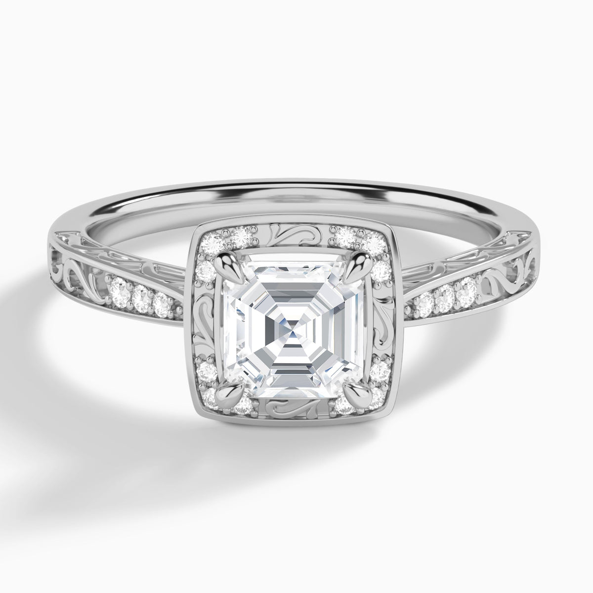 Asscher Engraved Halo Lab Diamond Engagement Ring In 18K White Gold - Lucenjuri
