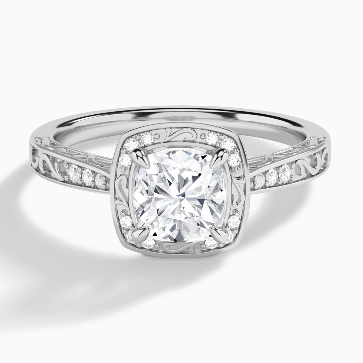 Cushion Engraved Halo Lab Diamond Engagement Ring In 14K White Gold - Lucenjuri