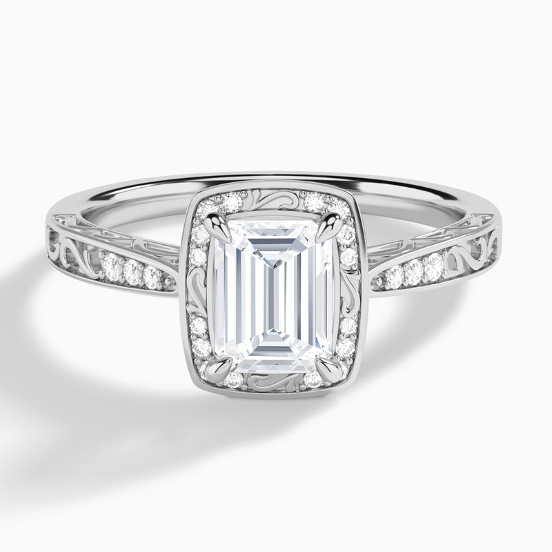 Emerald Engraved Halo Lab Diamond Engagement Ring In 14K White Gold