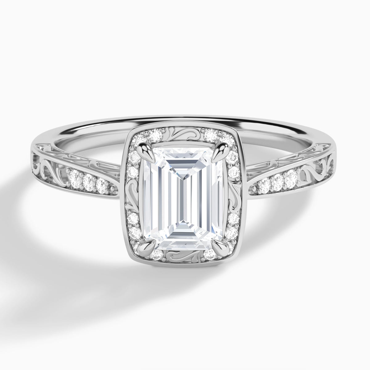Emerald Engraved Halo Lab Diamond Engagement Ring In 14K White Gold - Lucenjuri
