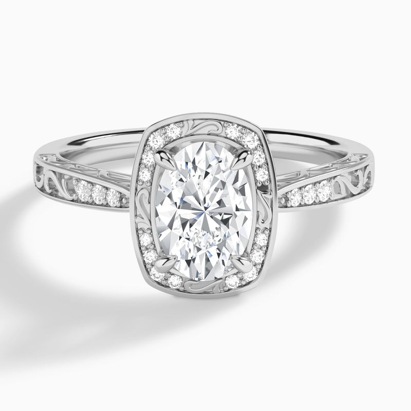 Oval Engraved Halo Lab Diamond Engagement Ring In 18K White Gold - Lucenjuri