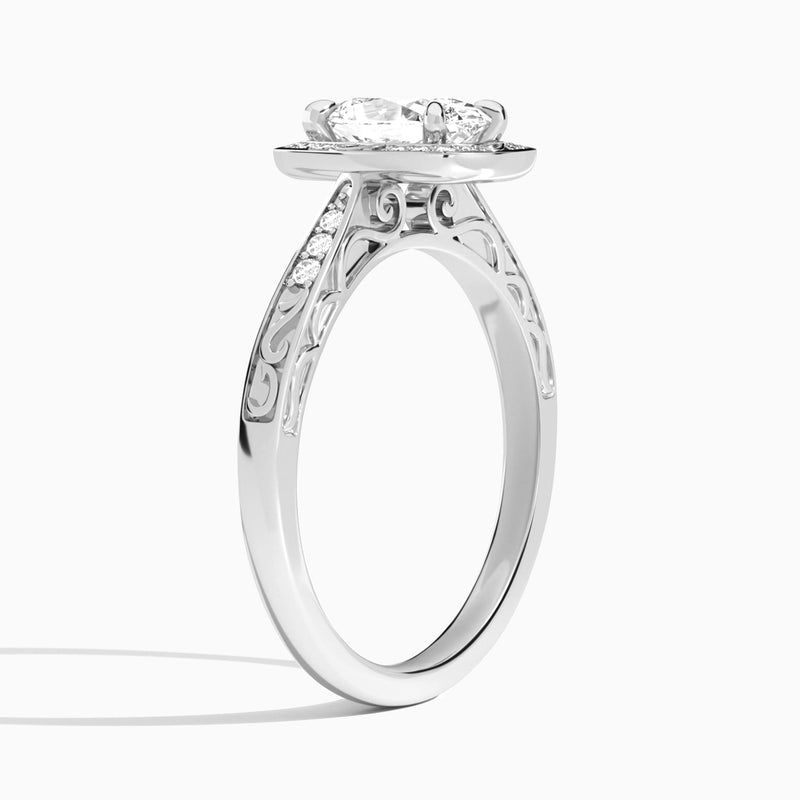 Oval Engraved Halo Lab Diamond Engagement Ring In 18K White Gold, Angle View