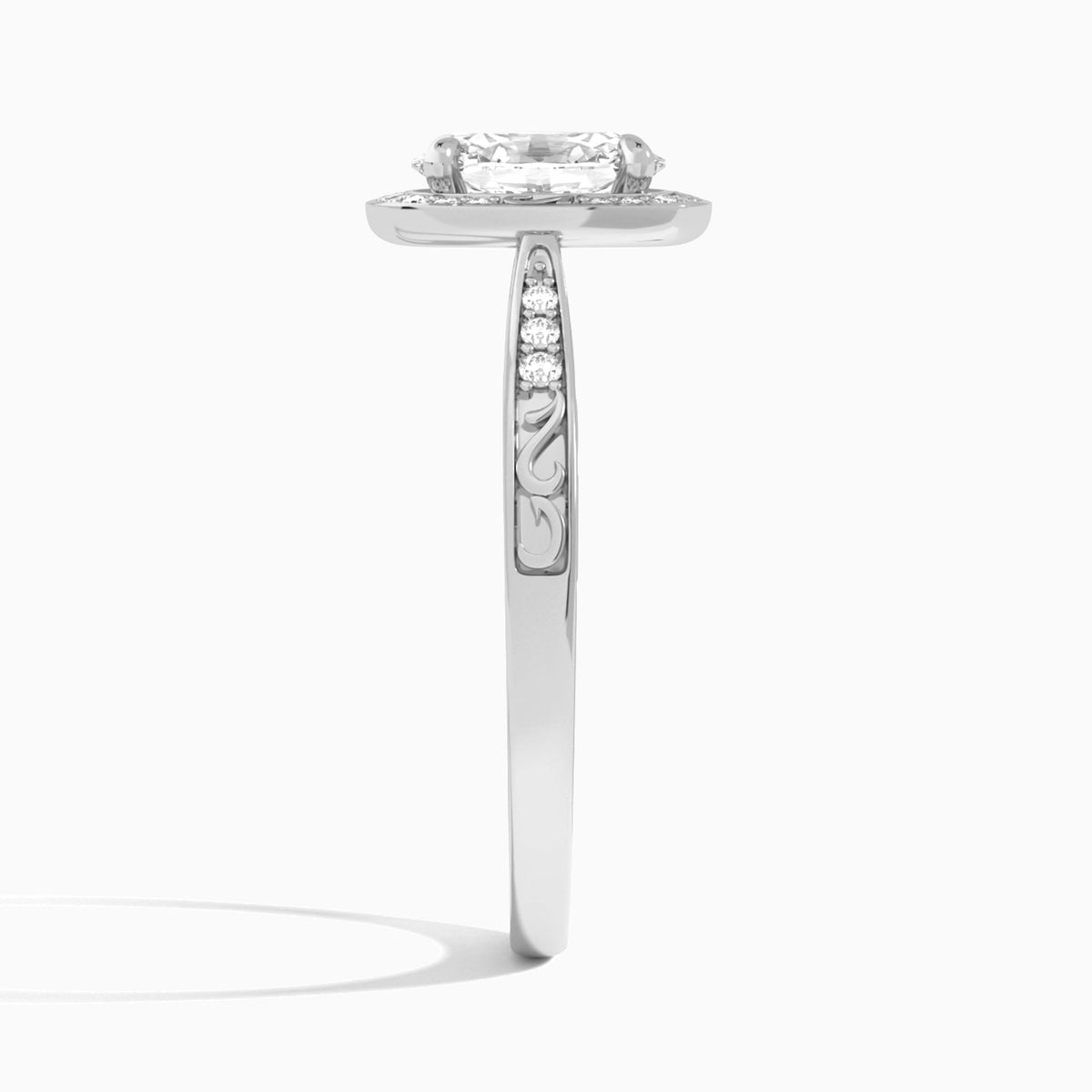 Oval Engraved Halo Lab Diamond Engagement Ring In 18K White Gold, Side View