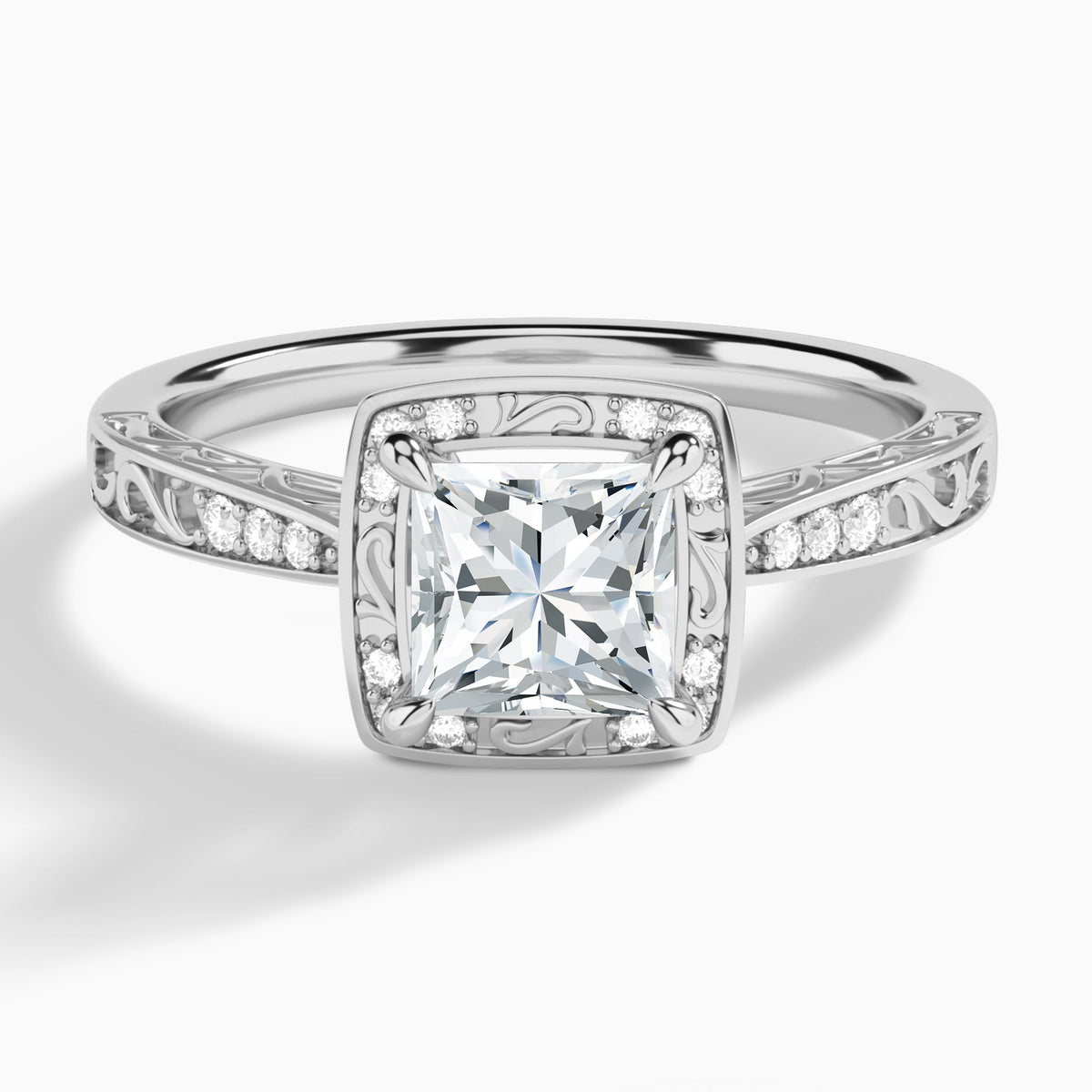 Princess Engraved Halo Lab Diamond Engagement Ring In 14K White Gold - Lucenjuri