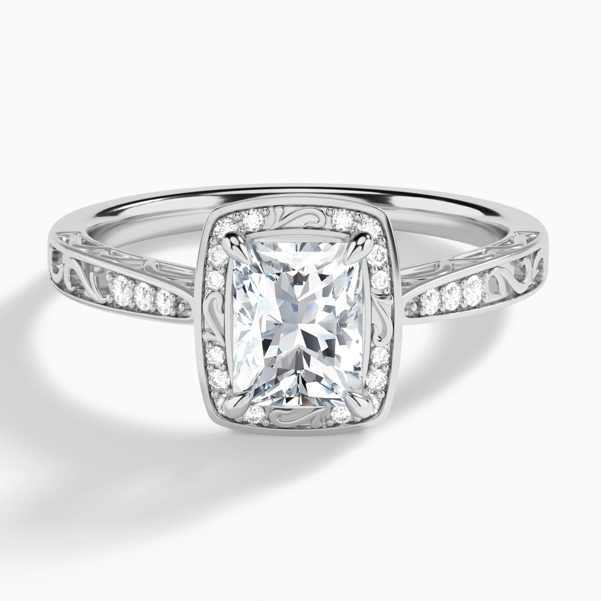 Radiant Engraved Halo Lab Diamond Engagement Ring In 14K White Gold - Lucenjuri