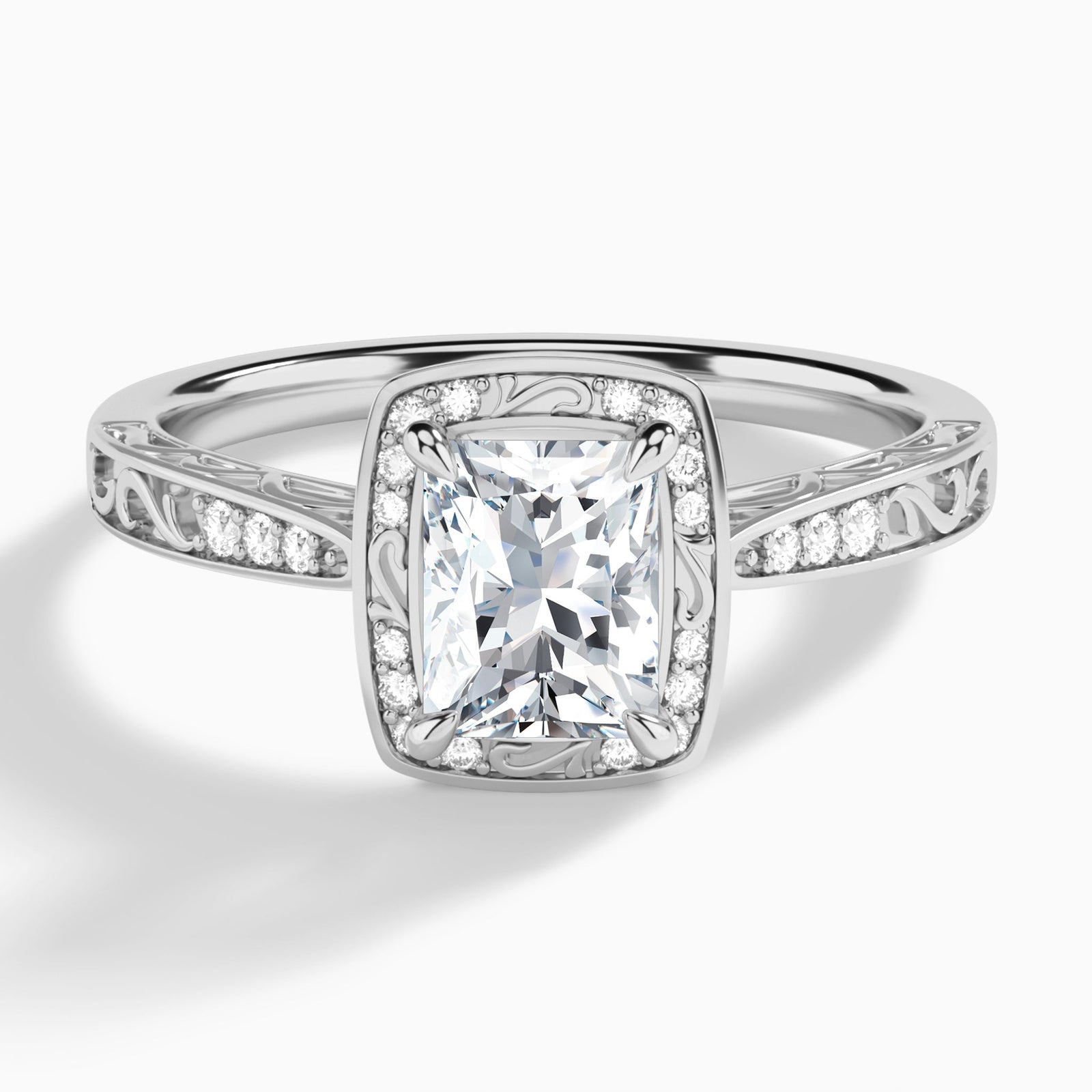 Radiant Engraved Halo Lab Diamond Engagement Ring In 14K White Gold - Lucenjuri