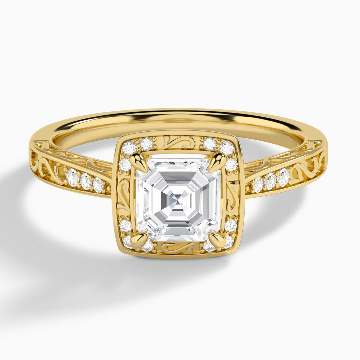 Asscher Engraved Halo Lab Diamond Engagement Ring In 14K Yellow Gold - Lucenjuri