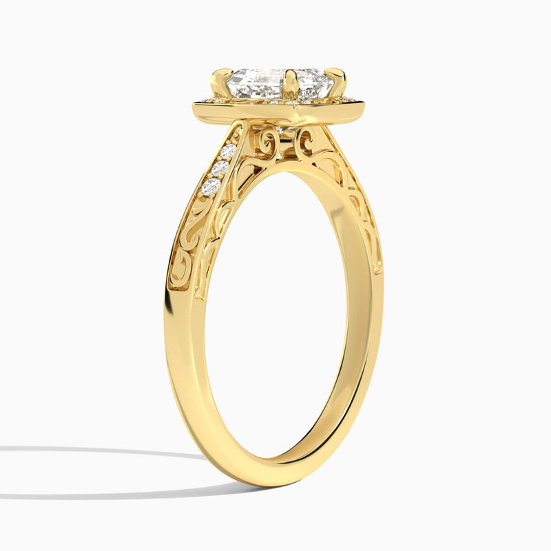 Asscher Engraved Halo Lab Diamond Engagement Ring In 18K Yellow Gold, Angle View