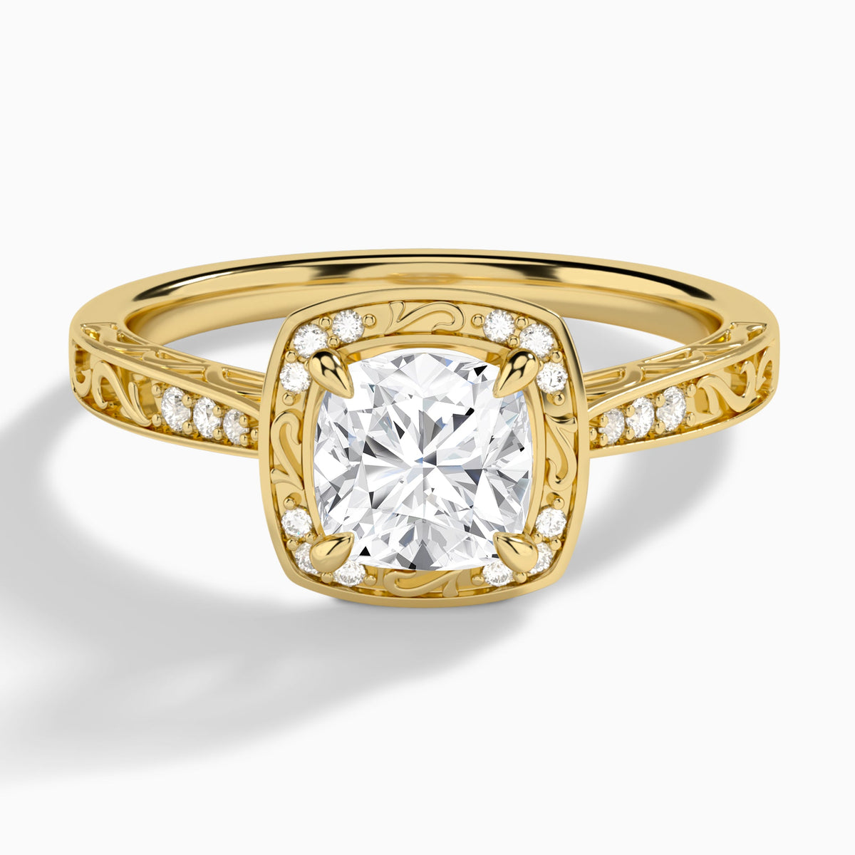 Cushion Engraved Halo Lab Diamond Engagement Ring In 18K Yellow Gold - Lucenjuri