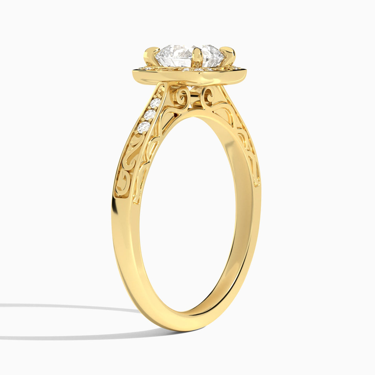 Cushion Engraved Halo Lab Diamond Engagement Ring In 18K Yellow Gold, Angle View
