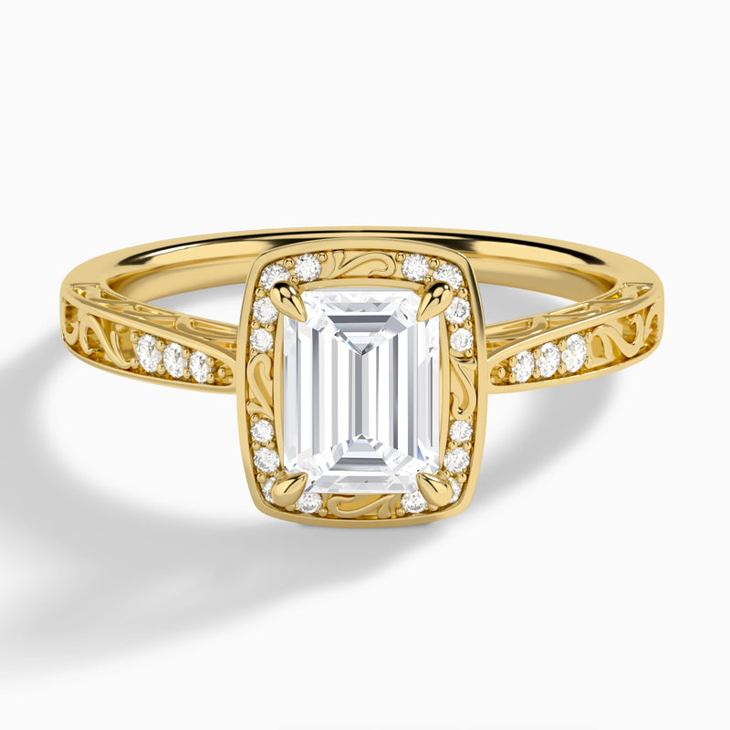 Emerald Engraved Halo Lab Diamond Engagement Ring In 18K Yellow Gold - Lucenjuri
