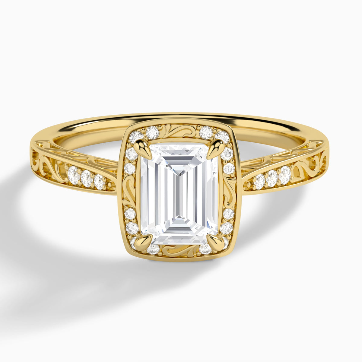 Emerald Engraved Halo Lab Diamond Engagement Ring In 18K Yellow Gold - Lucenjuri