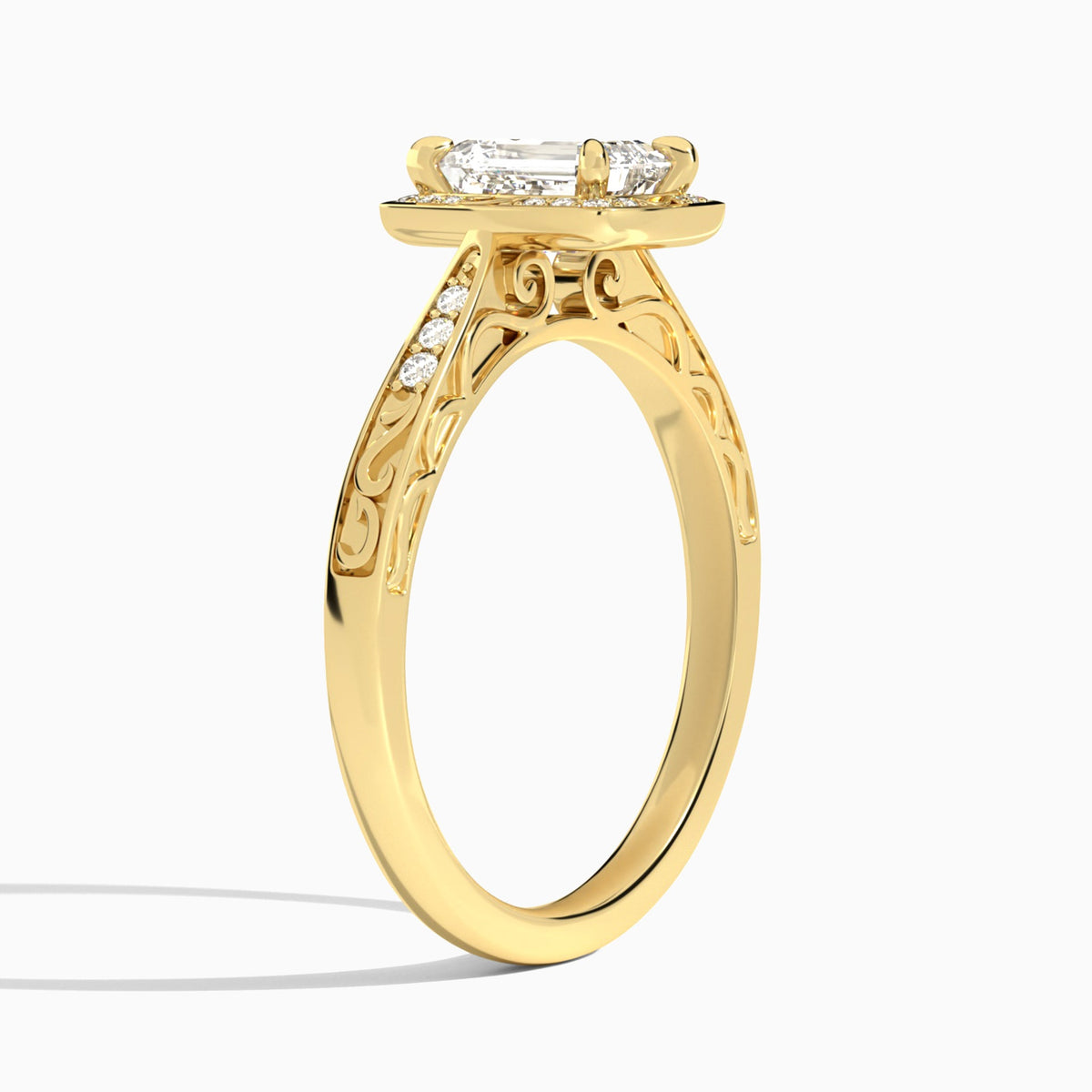 Emerald Engraved Halo Lab Diamond Engagement Ring In 14K Yellow Gold, Angle View