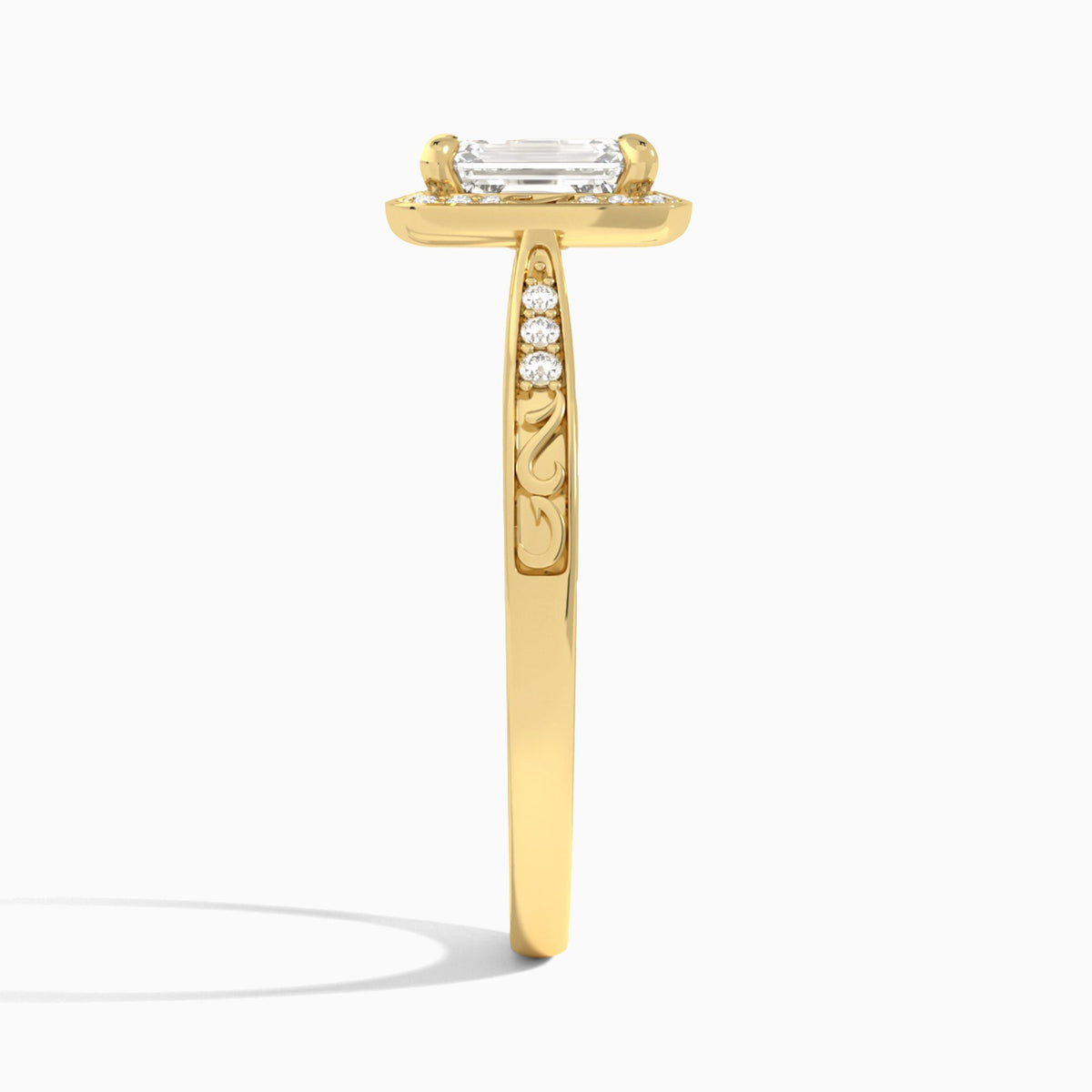 Emerald Engraved Halo Lab Diamond Engagement Ring In 18K Yellow Gold, Side View