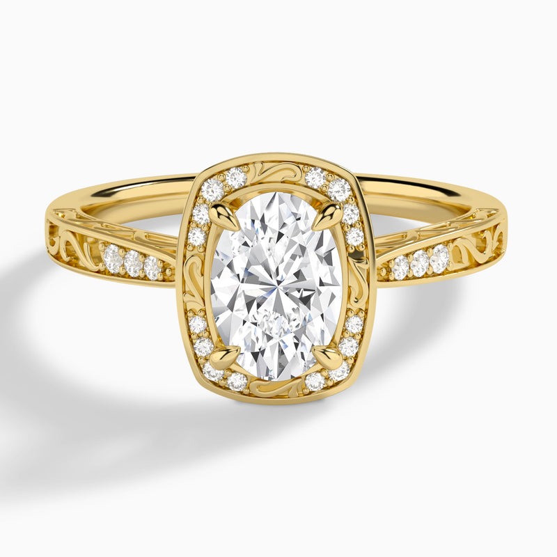 Oval Engraved Halo Lab Diamond Engagement Ring In 14K Yellow Gold - Lucenjuri