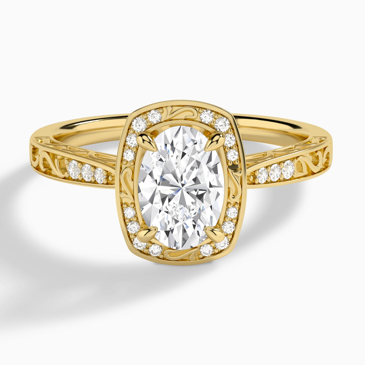 Oval Engraved Halo Lab Diamond Engagement Ring In 14K Yellow Gold - Lucenjuri
