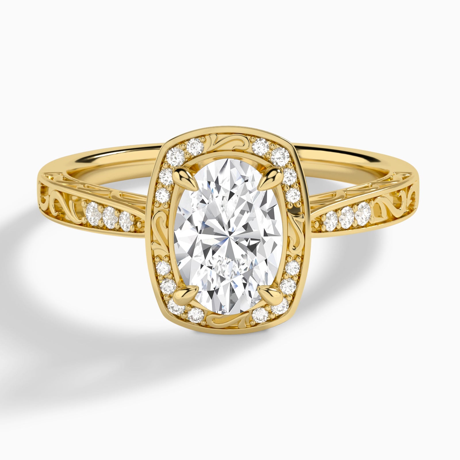 Oval Engraved Halo Lab Diamond Engagement Ring In 14K Yellow Gold - Lucenjuri