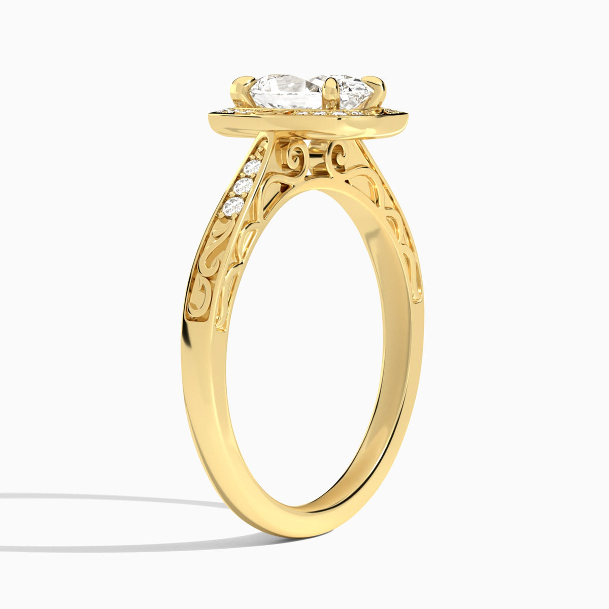 Oval Engraved Halo Lab Diamond Engagement Ring In 18K Yellow Gold, Angle View