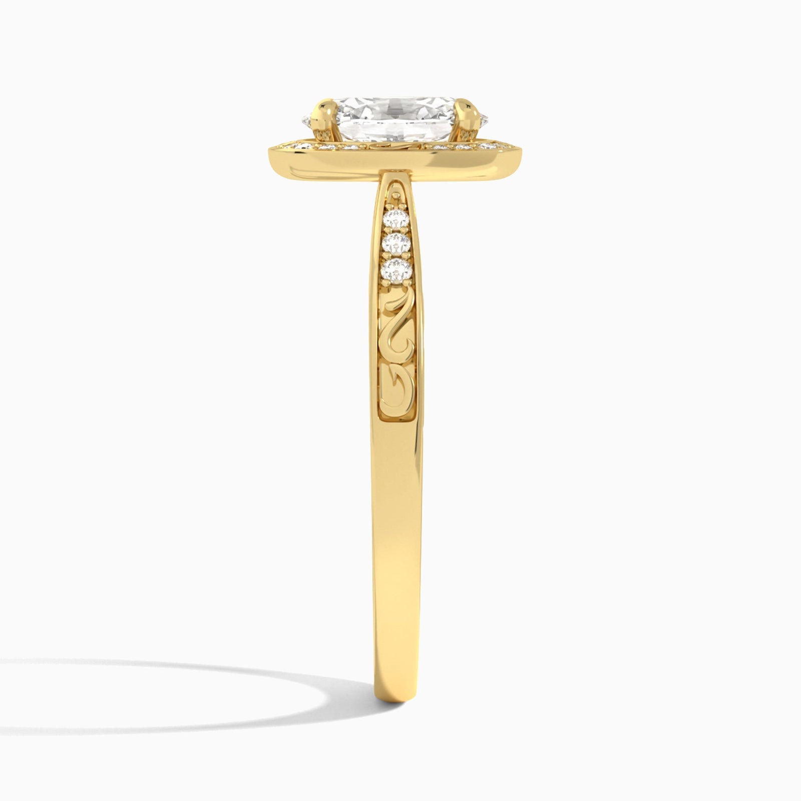Oval Engraved Halo Lab Diamond Engagement Ring In 14K Yellow Gold, Side View
