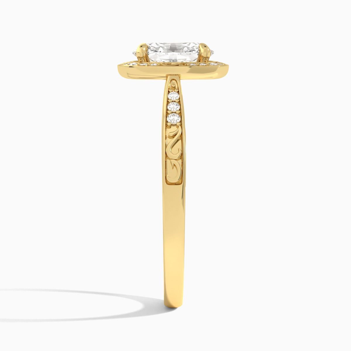 Oval Engraved Halo Lab Diamond Engagement Ring In 18K Yellow Gold, Side View