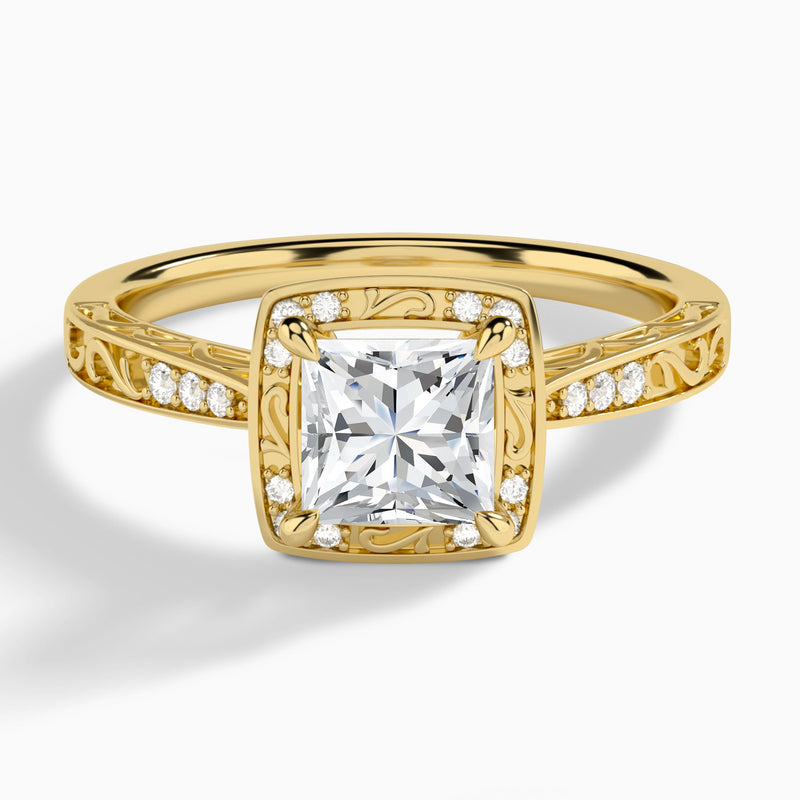Princess Engraved Halo Lab Diamond Engagement Ring In 14K Yellow Gold - Lucenjuri