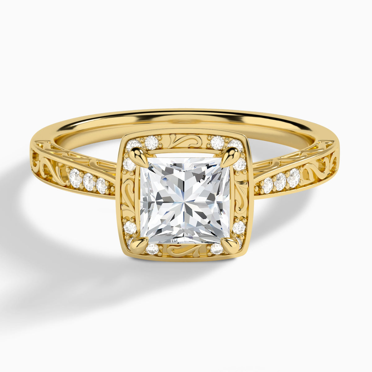 Princess Engraved Halo Lab Diamond Engagement Ring In 18K Yellow Gold - Lucenjuri