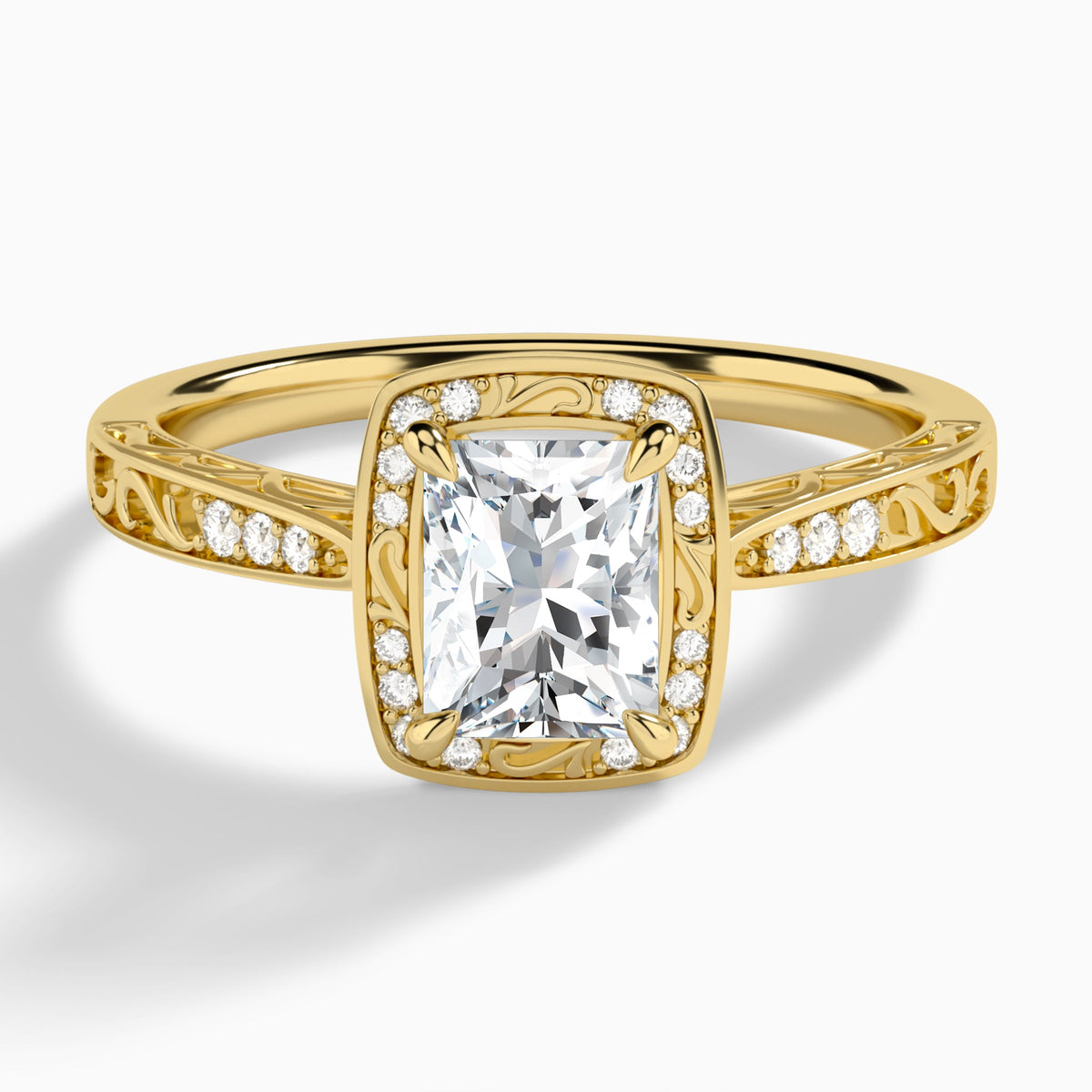 Radiant Engraved Halo Lab Diamond Engagement Ring In 18K Yellow Gold - Lucenjuri