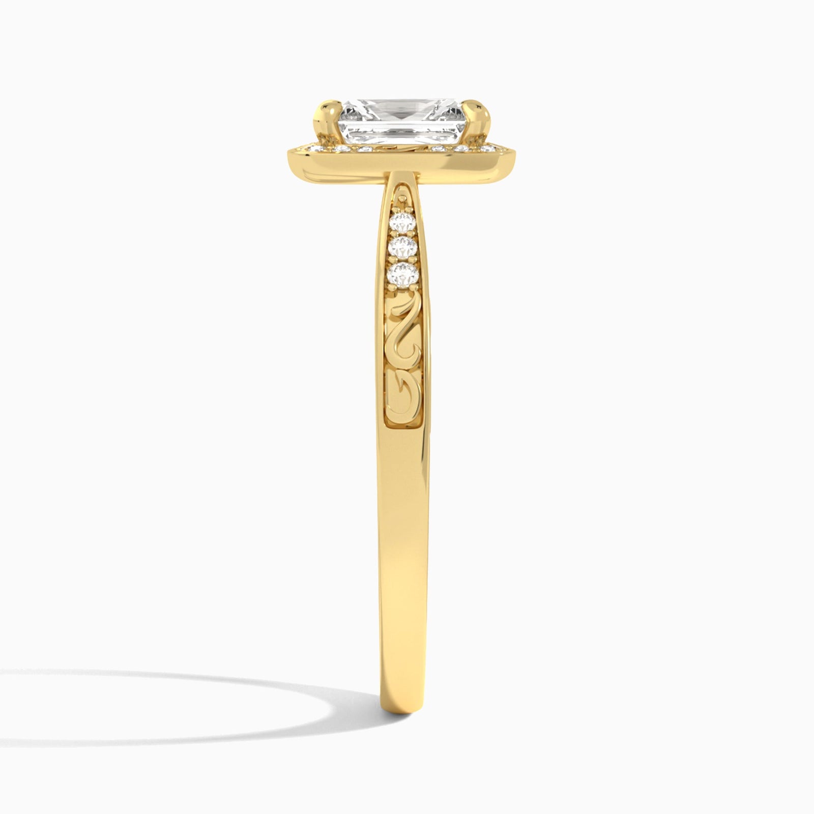 Radiant Engraved Halo Lab Diamond Engagement Ring In 14K Yellow Gold, Side View