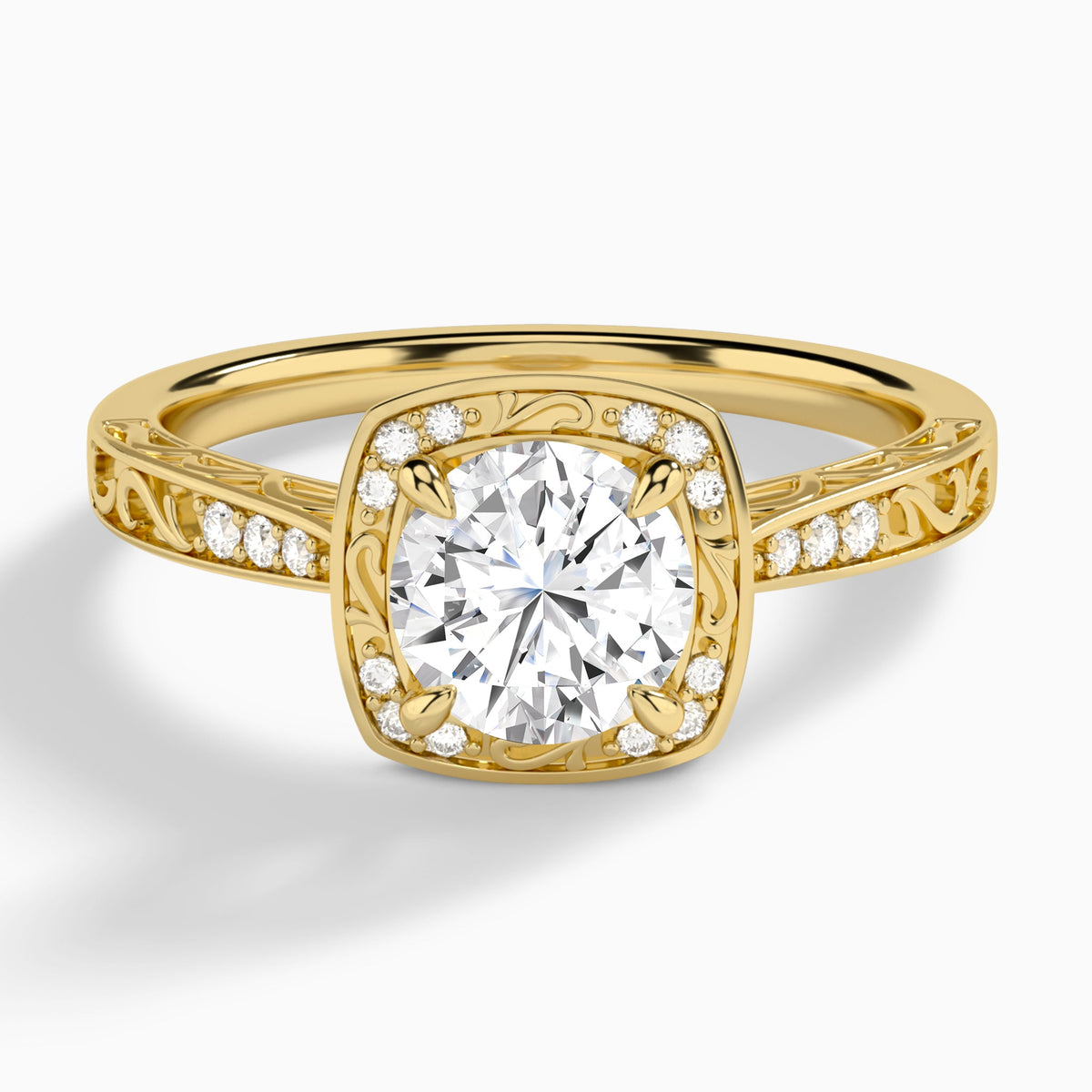 Round Engraved Halo Lab Diamond Engagement Ring In 18K Yellow Gold - Lucenjuri