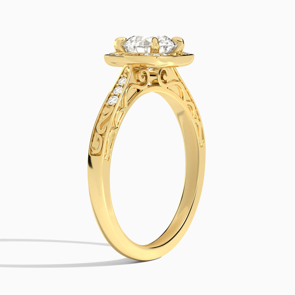 Round Engraved Halo Lab Diamond Engagement Ring In 14K Yellow Gold, Angle View