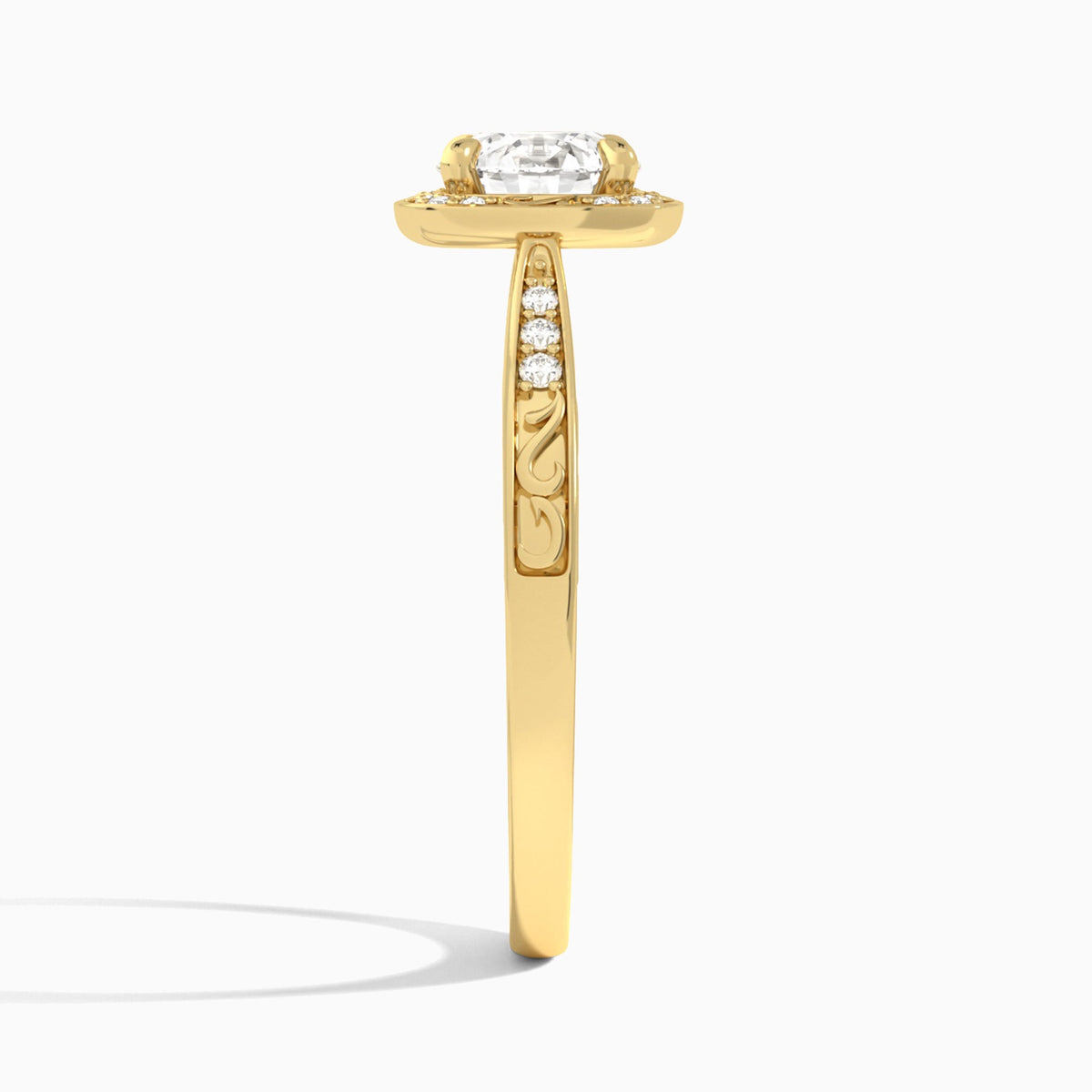Round Engraved Halo Lab Diamond Engagement Ring In 14K Yellow Gold, Side View