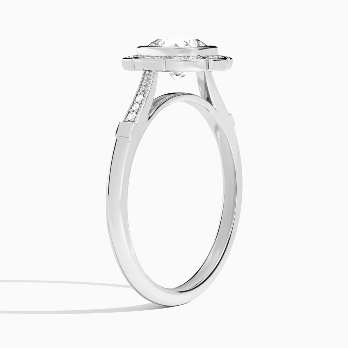 Cushion Mirabelle Antique Halo Lab Diamond Engagement Ring In Platinum, Angle View