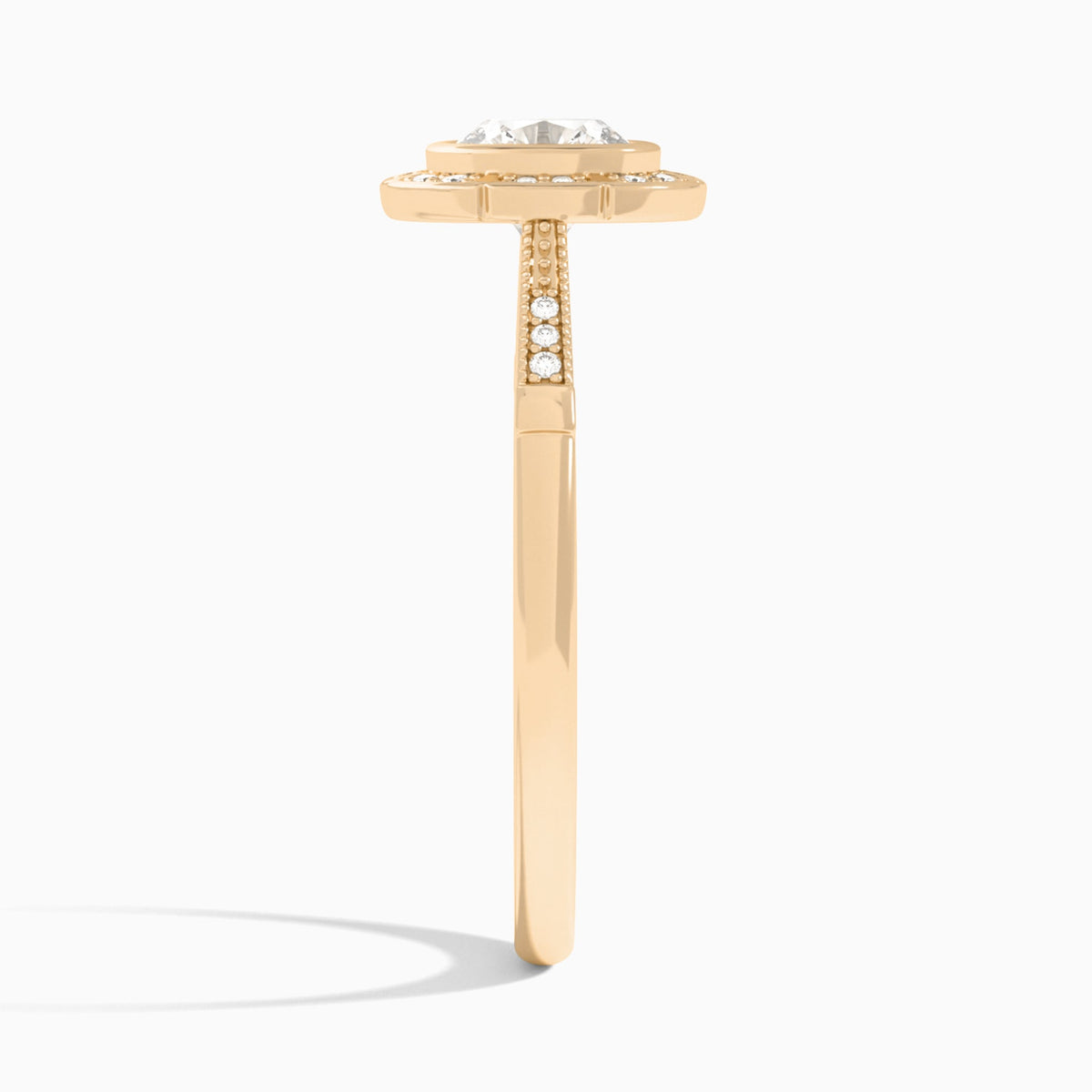Cushion Mirabelle Antique Halo Lab Diamond Engagement Ring In 14K Rose Gold, Side View