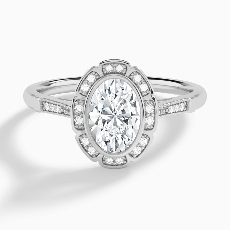 Oval Mirabelle Antique Halo Lab Diamond Engagement Ring In 14K White Gold - Lucenjuri
