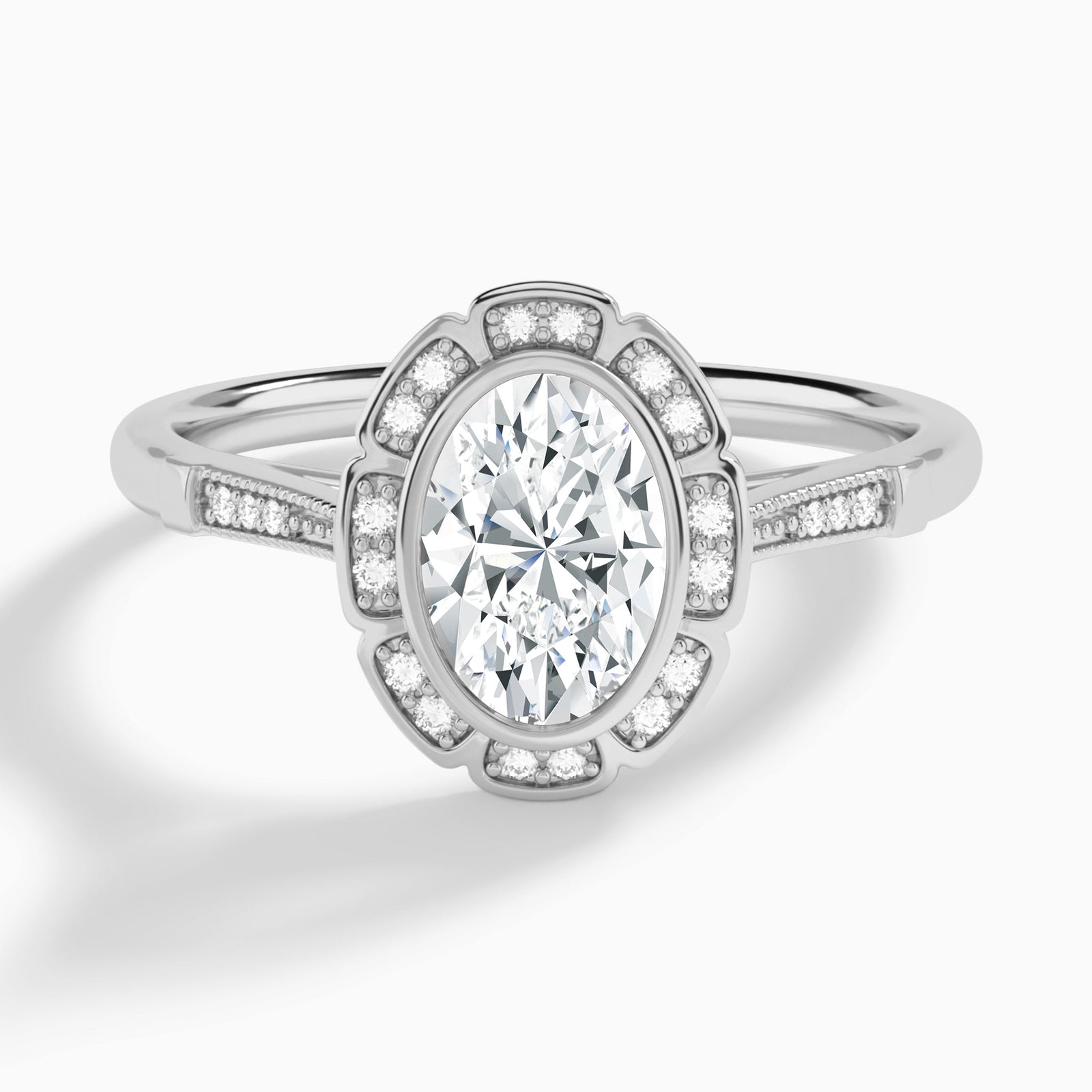 Oval Mirabelle Antique Halo Lab Diamond Engagement Ring In 14K White Gold - Lucenjuri