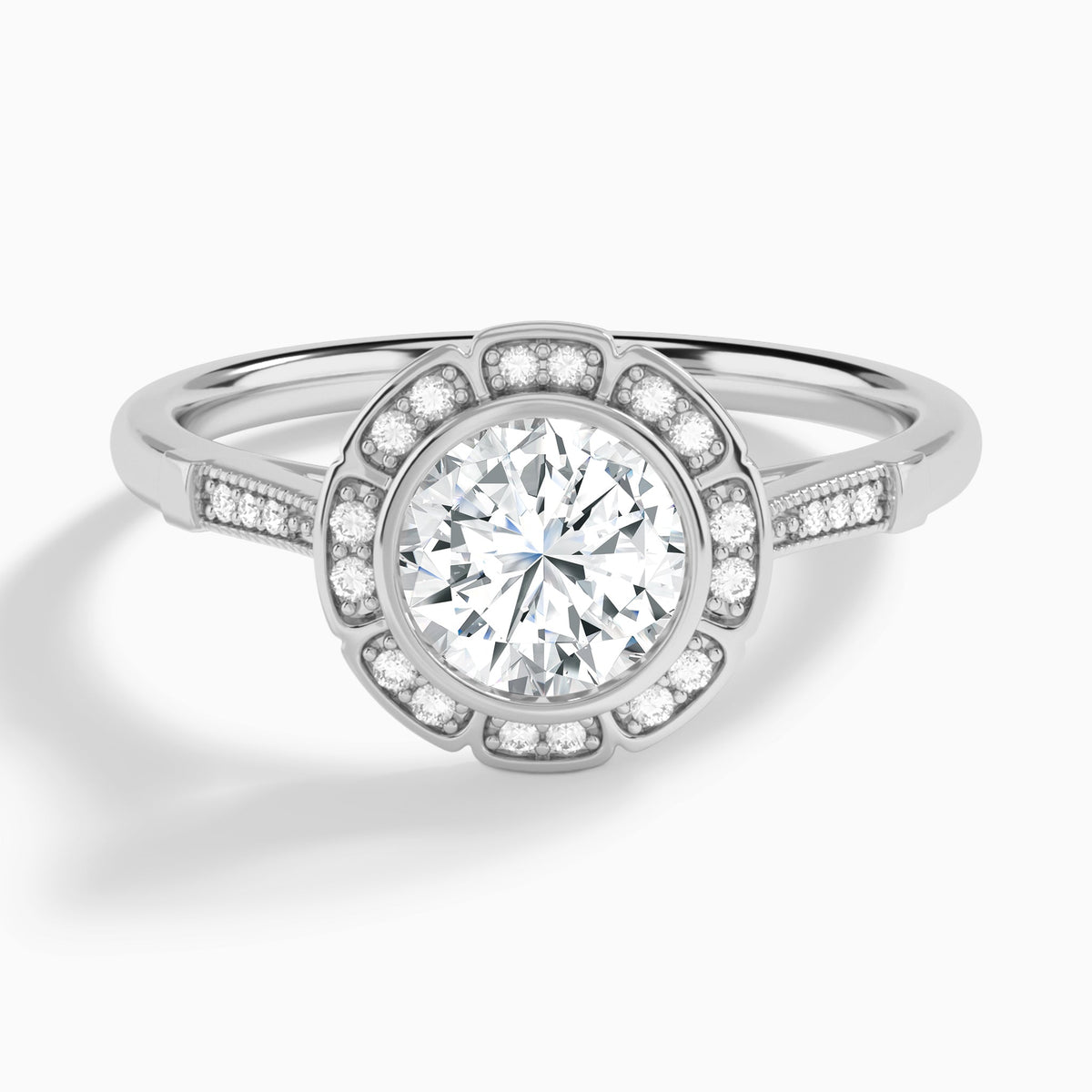 Round Mirabelle Antique Halo Lab Diamond Engagement Ring In 18K White Gold - Lucenjuri