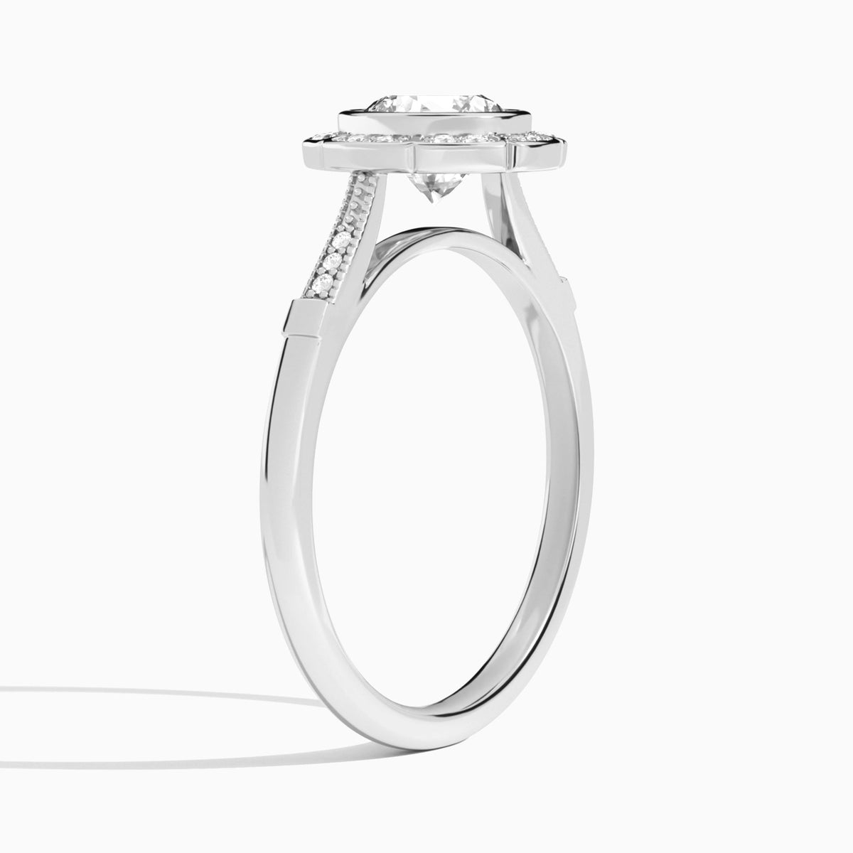Round Mirabelle Antique Halo Lab Diamond Engagement Ring In 18K White Gold, Angle View
