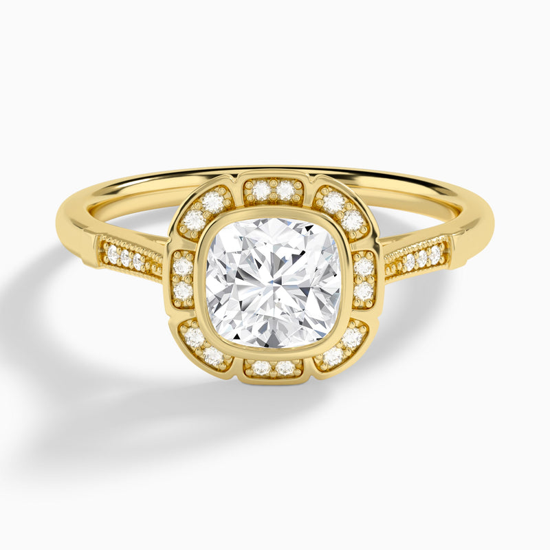 Cushion Mirabelle Antique Halo Lab Diamond Engagement Ring In 14K Yellow Gold - Lucenjuri
