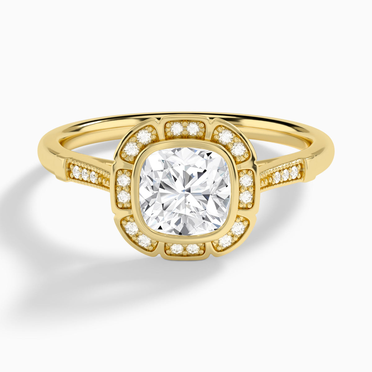 Cushion Mirabelle Antique Halo Lab Diamond Engagement Ring In 14K Yellow Gold - Lucenjuri