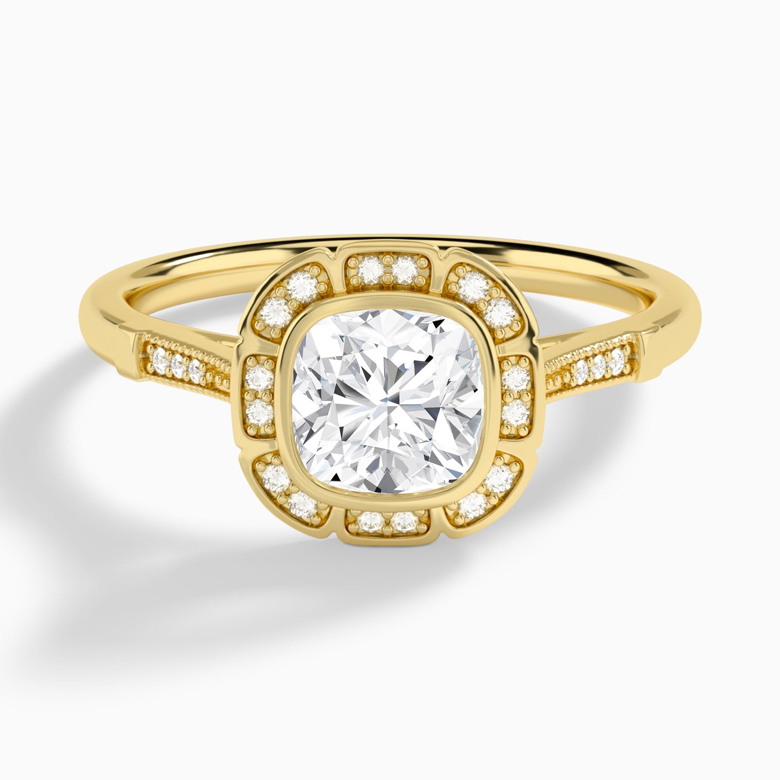 Cushion Mirabelle Antique Halo Lab Diamond Engagement Ring In 14K Yellow Gold - Lucenjuri