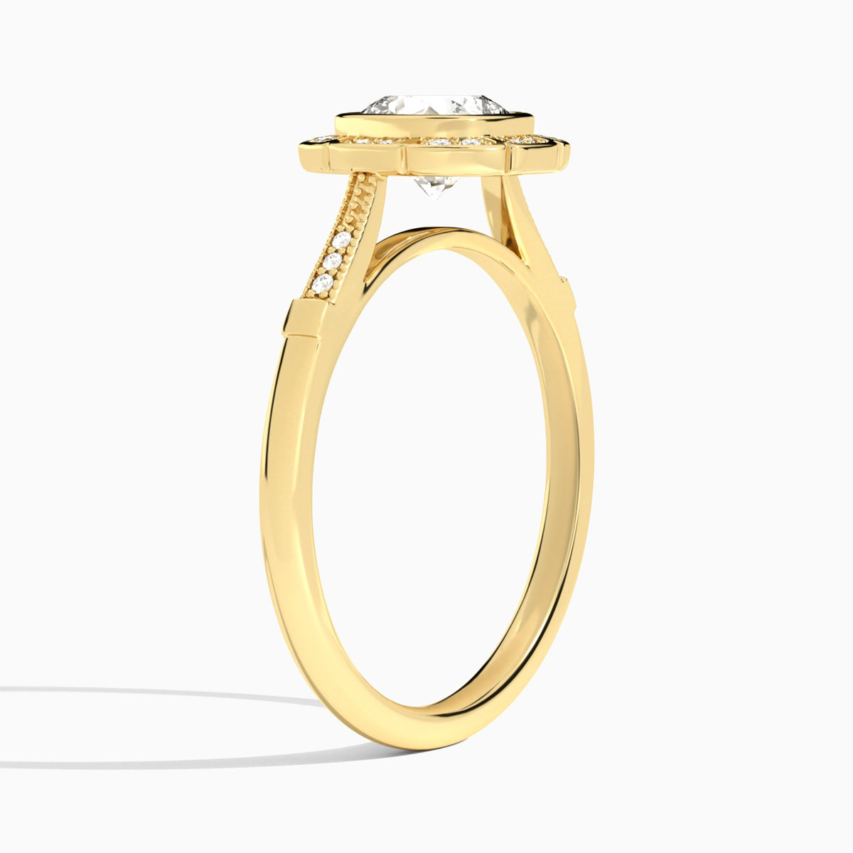 Cushion Mirabelle Antique Halo Lab Diamond Engagement Ring In 14K Yellow Gold, Angle View