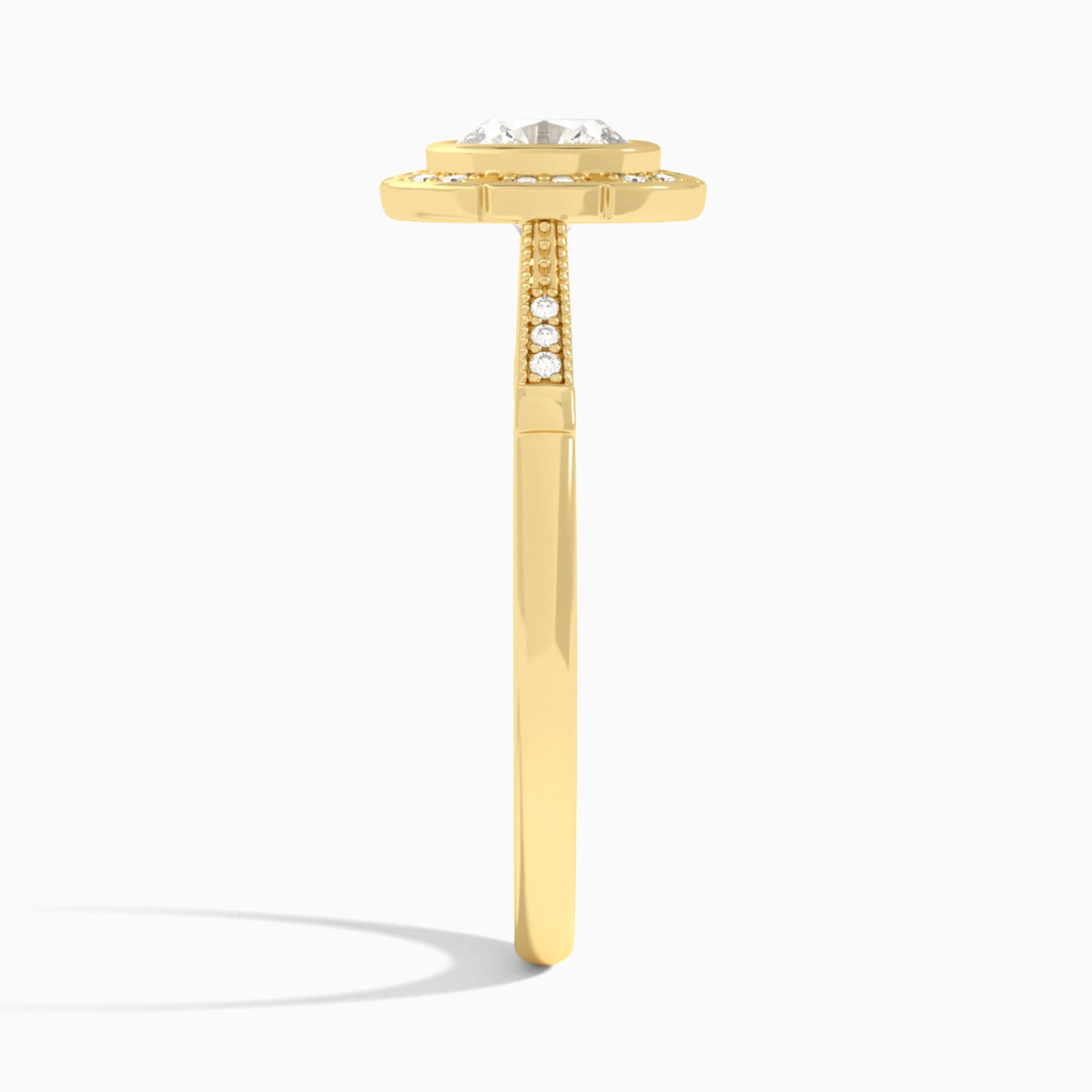 Cushion Mirabelle Antique Halo Lab Diamond Engagement Ring In 14K Yellow Gold, Side View