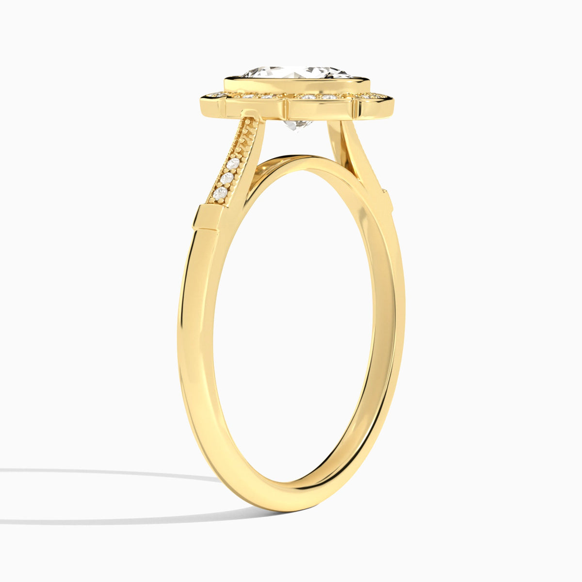 Oval Mirabelle Antique Halo Lab Diamond Engagement Ring In 18K Yellow Gold, Angle View