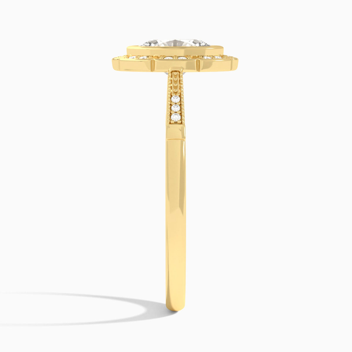 Oval Mirabelle Antique Halo Lab Diamond Engagement Ring In 18K Yellow Gold, Side View